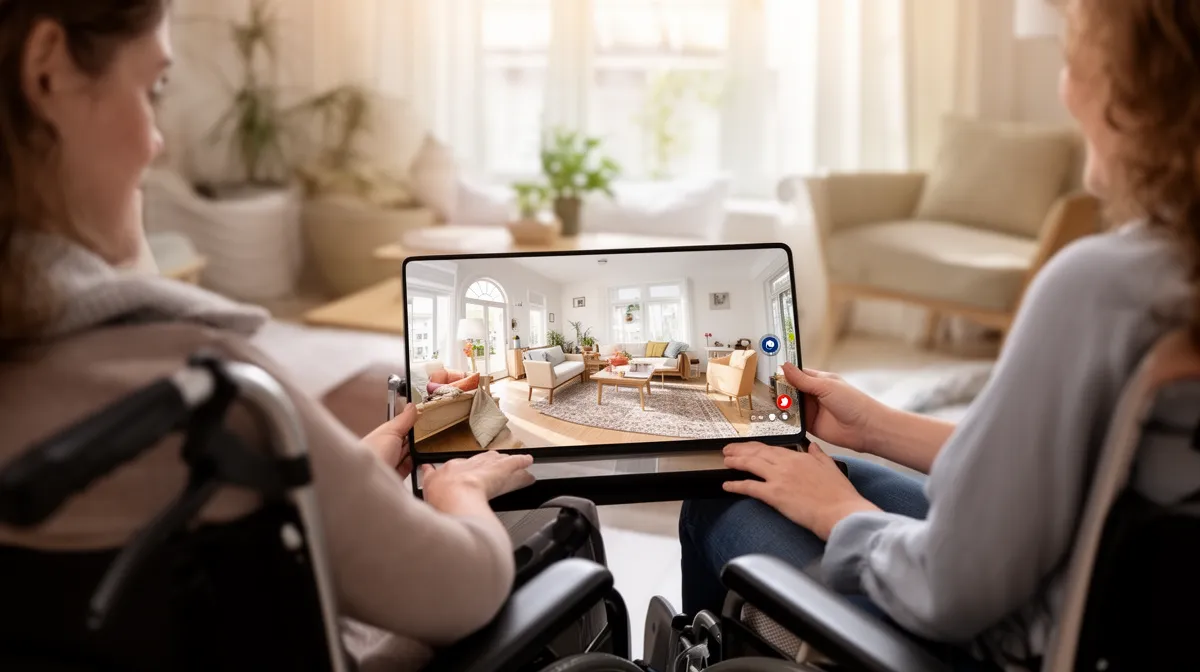 Deux personnes en fauteuil roulant examinent une maison sur un écran de tablette.