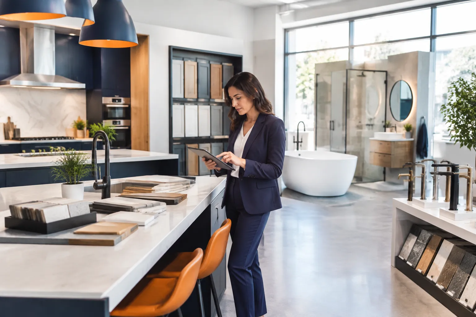 Femme consultant une tablette dans un showroom de cuisines et salles de bains