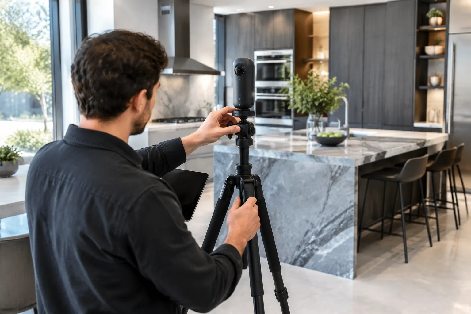 Homme installant une caméra 360° sur trépied, cuisine moderne.