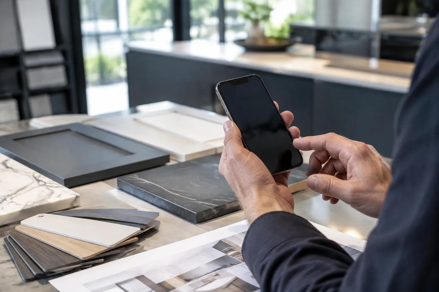 Homme comparant des échantillons de matériaux sur smartphone.