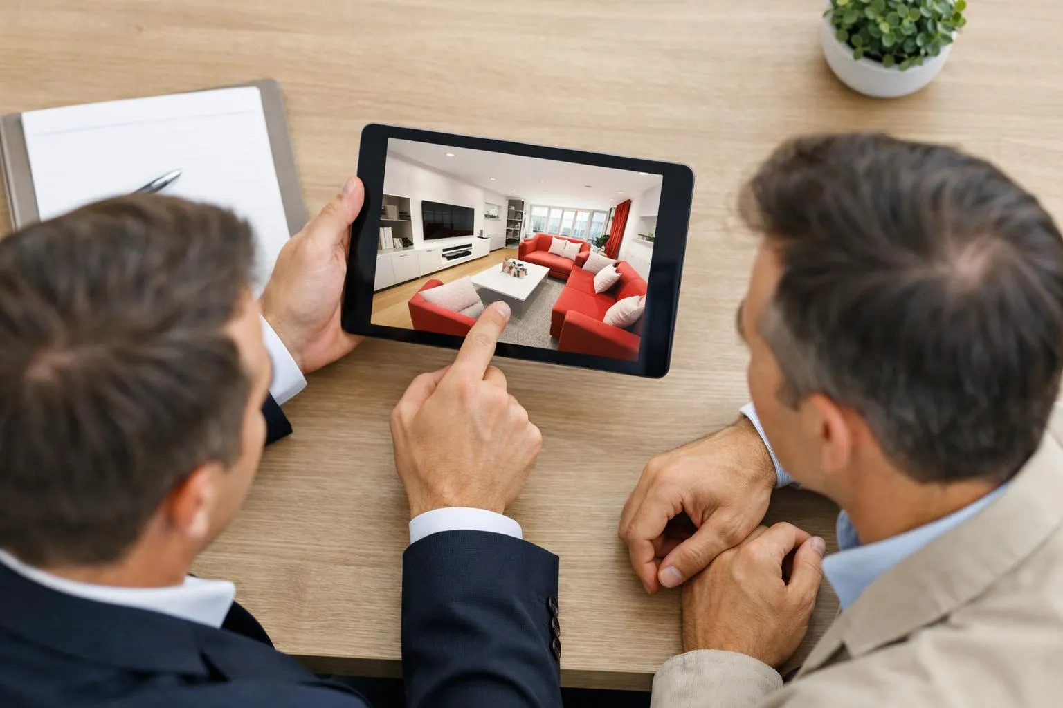 Deux hommes d'affaires examinent une image d'un salon moderne sur une tablette numérique.