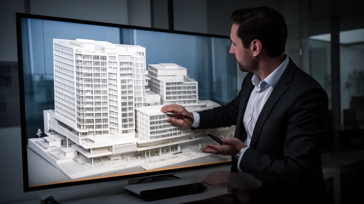 Homme d'affaires examinant une maquette architecturale de bâtiment moderne.