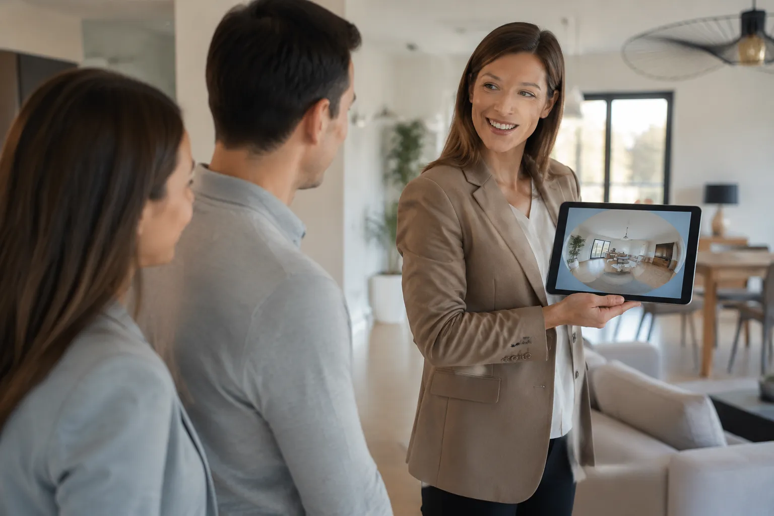 Couple visitant un appartement avec agent immobilier montrant une image sur une tablette.