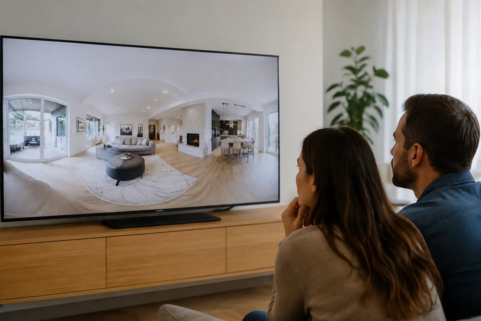 Couple regardant une vidéo immersive d'un intérieur moderne et lumineux.