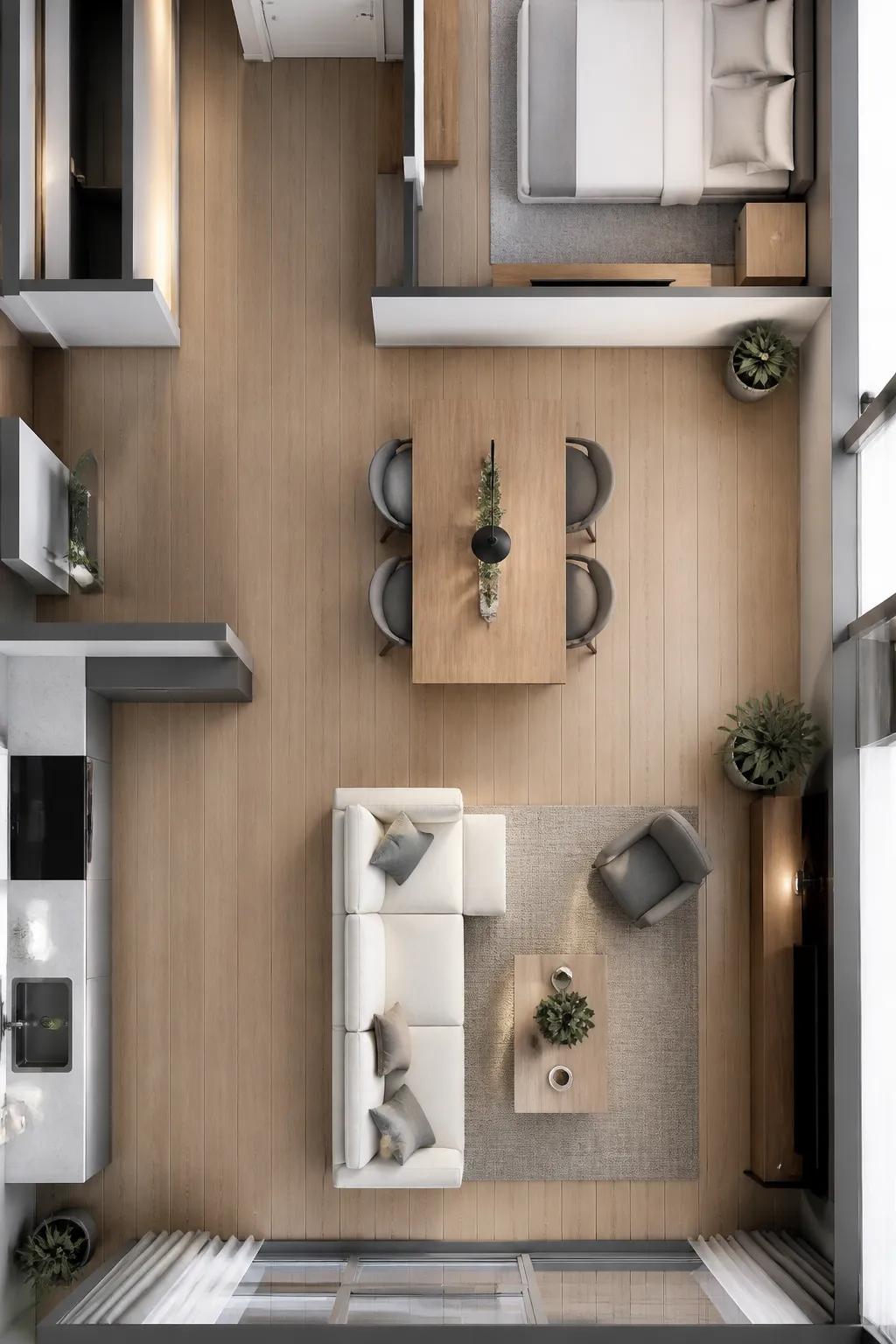 Intérieur moderne, design épuré, mobilier confortable, étagères décoratives, plantes d'intérieur.