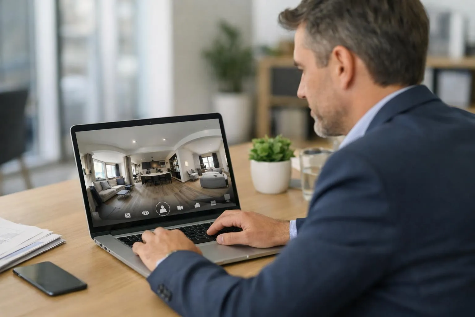 Homme d'affaires examinant une visite virtuelle d'un intérieur de maison sur son ordinateur portable.
