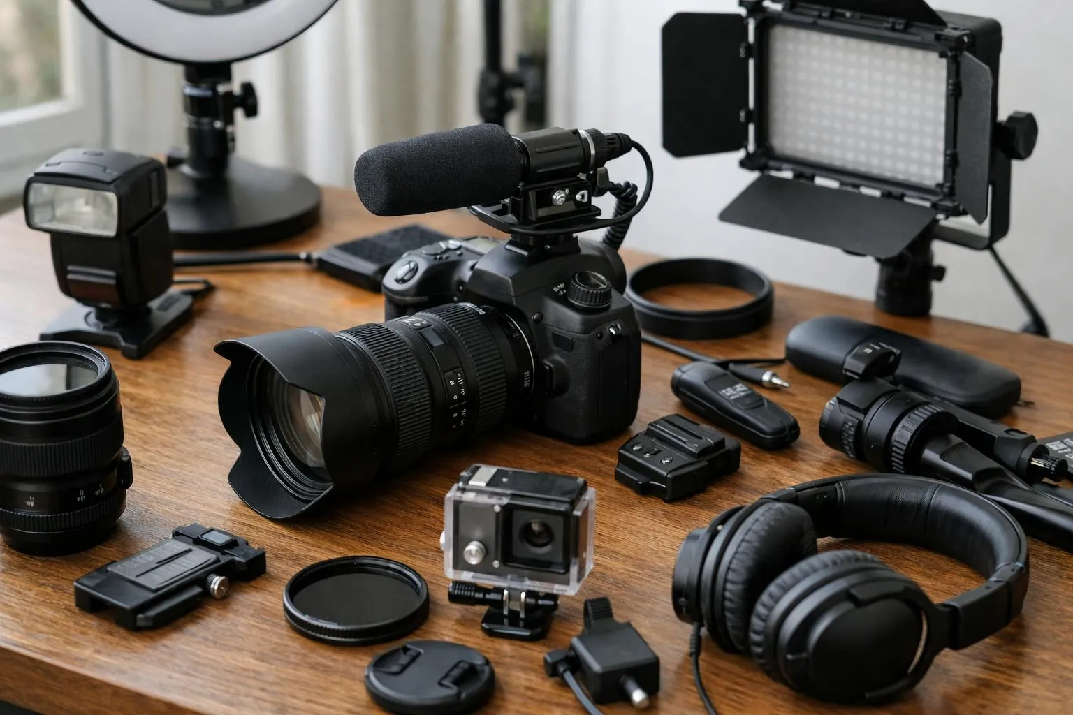 Équipement de photographie et de vidéographie professionnelle sur un bureau en bois.