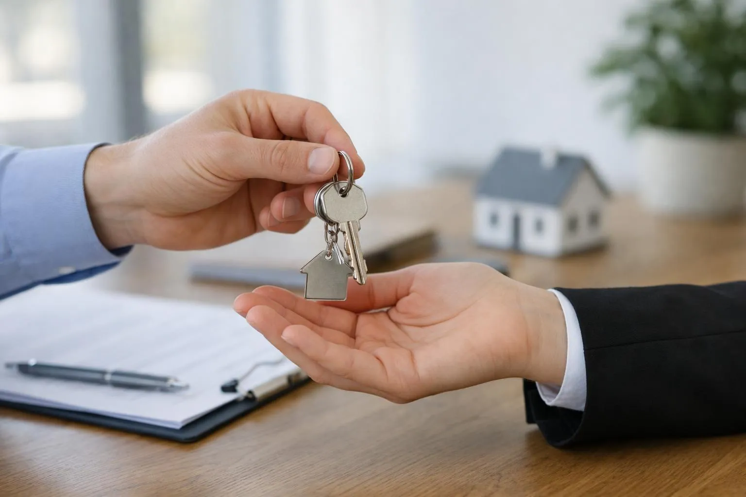 Mains d'un agent immobilier remettant les clés d'une maison.