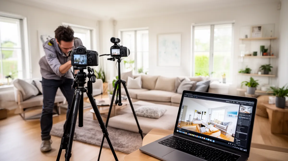 Un homme photographie l'intérieur d'un salon confortable avec un ordinateur portable.