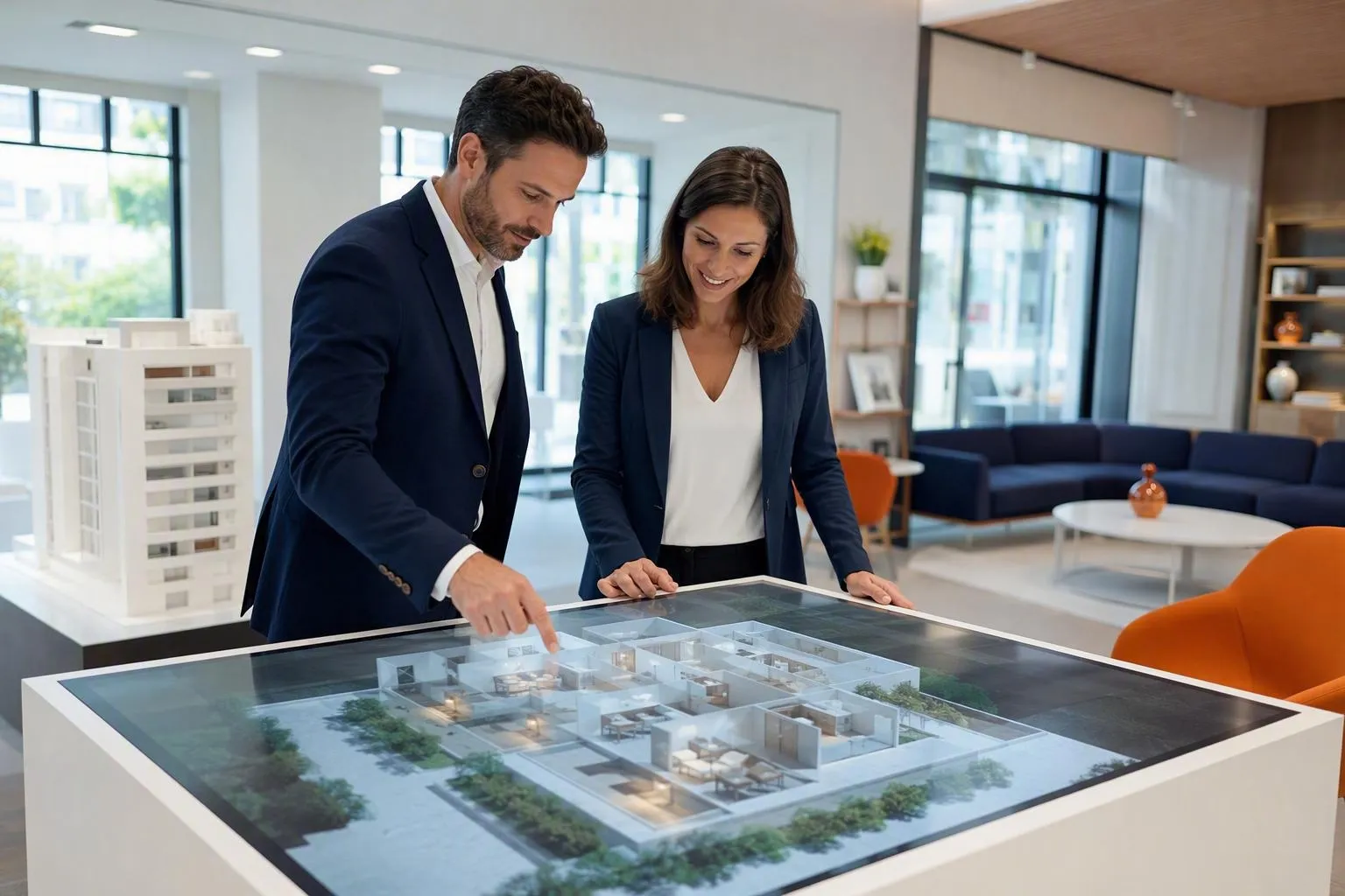 Agents immobiliers examinant une maquette architecturale interactive.