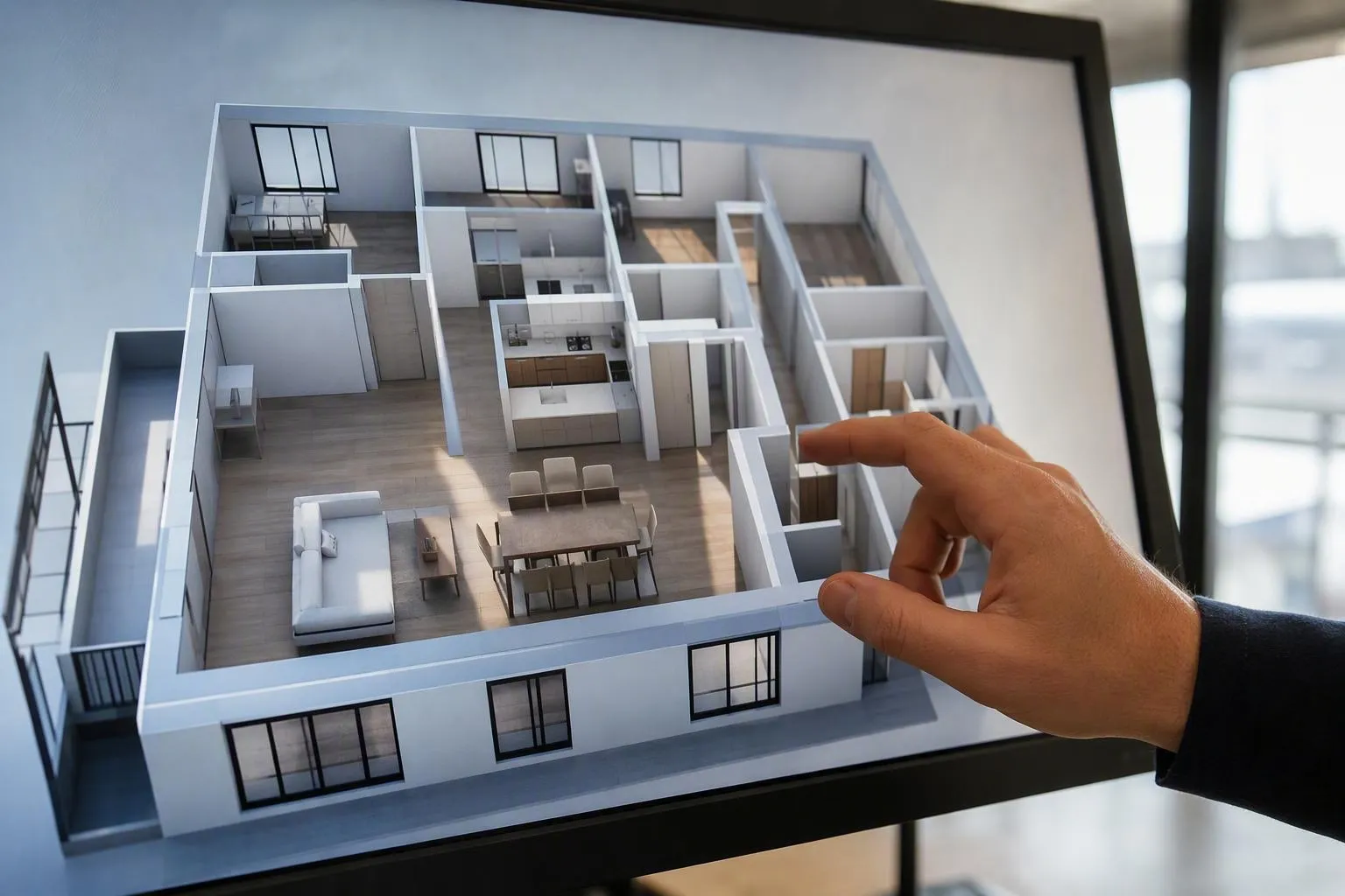Main modélisant un plan d’appartement sur écran tactile