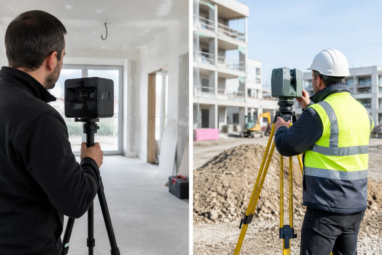Deux géomètres utilisent des scanners laser sur chantier.