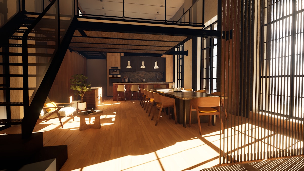 Intérieur moderne avec meubles en bois, éclairage chaleureux et fenêtres donnant sur l'extérieur.