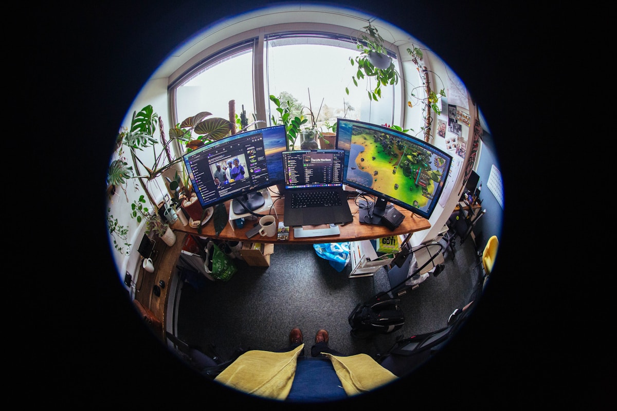 Bureau de travail avec plusieurs écrans d'ordinateur, plantes d'intérieur et fenêtre panoramique.