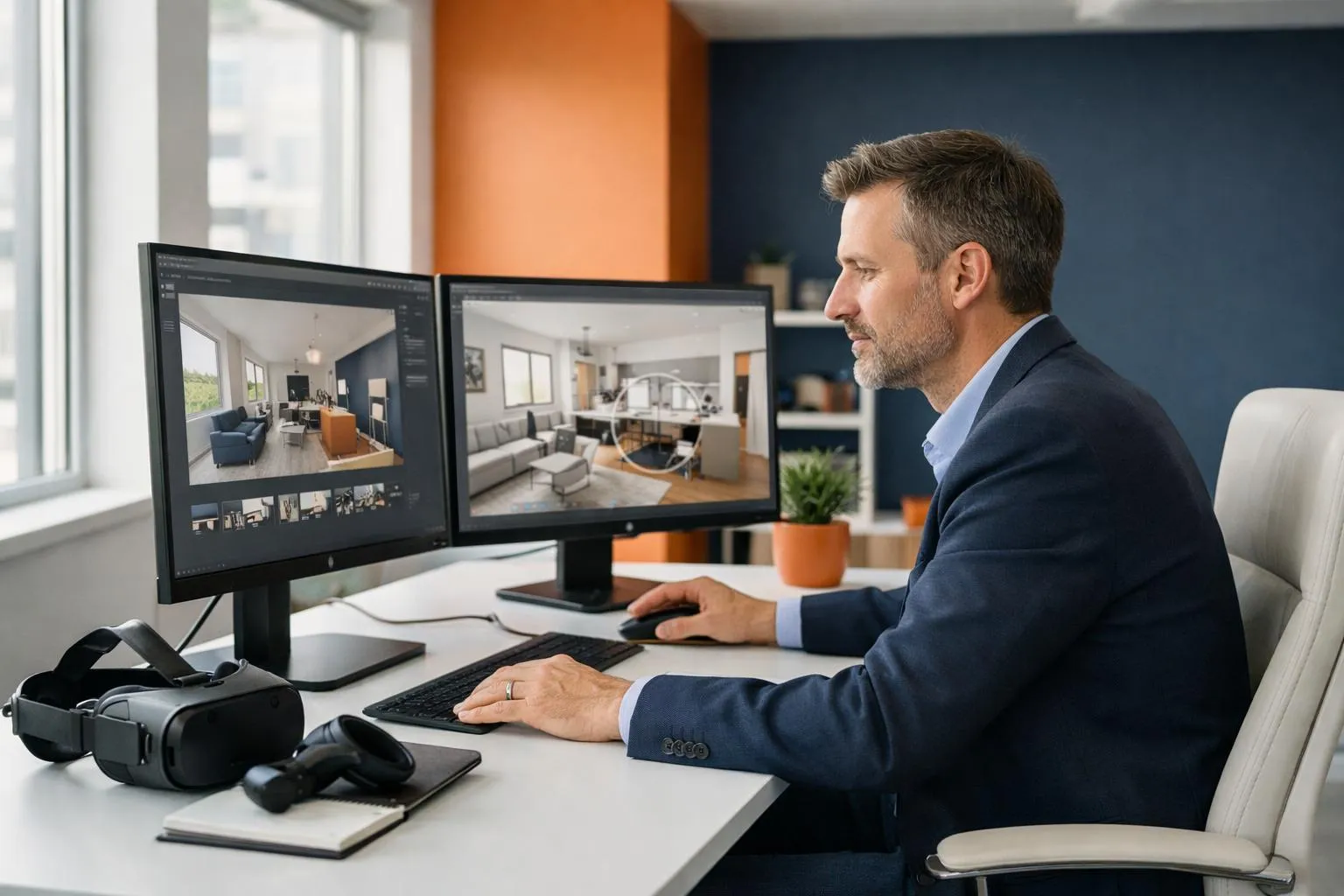 Un homme d'affaires travaillant sur des projets de conception d'intérieur sur des écrans d'ordinateur.