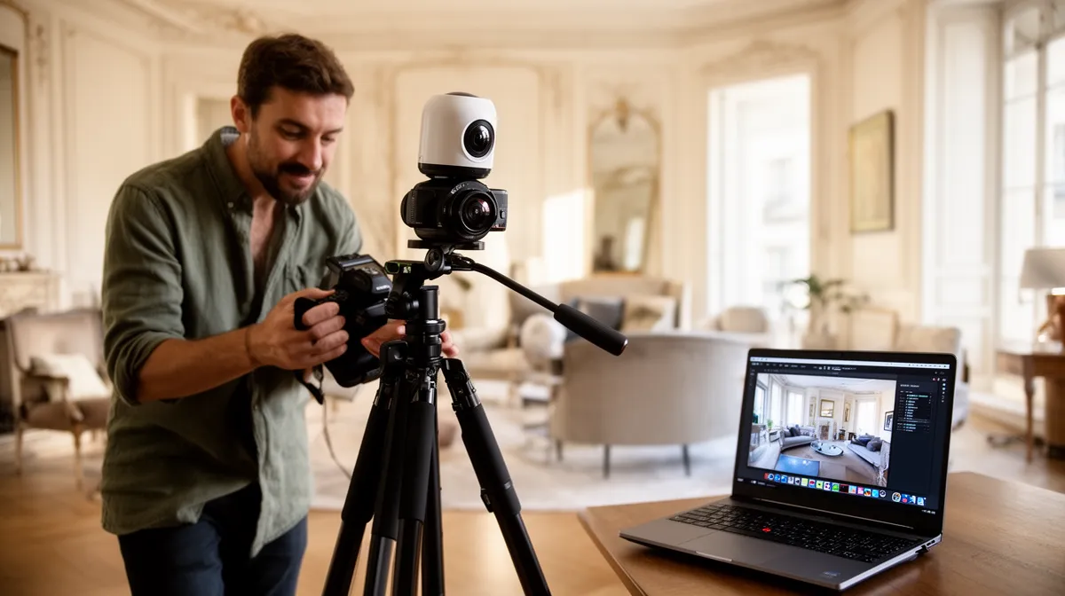 Un homme barbu filmant une pièce avec un appareil photo sur un trépied.