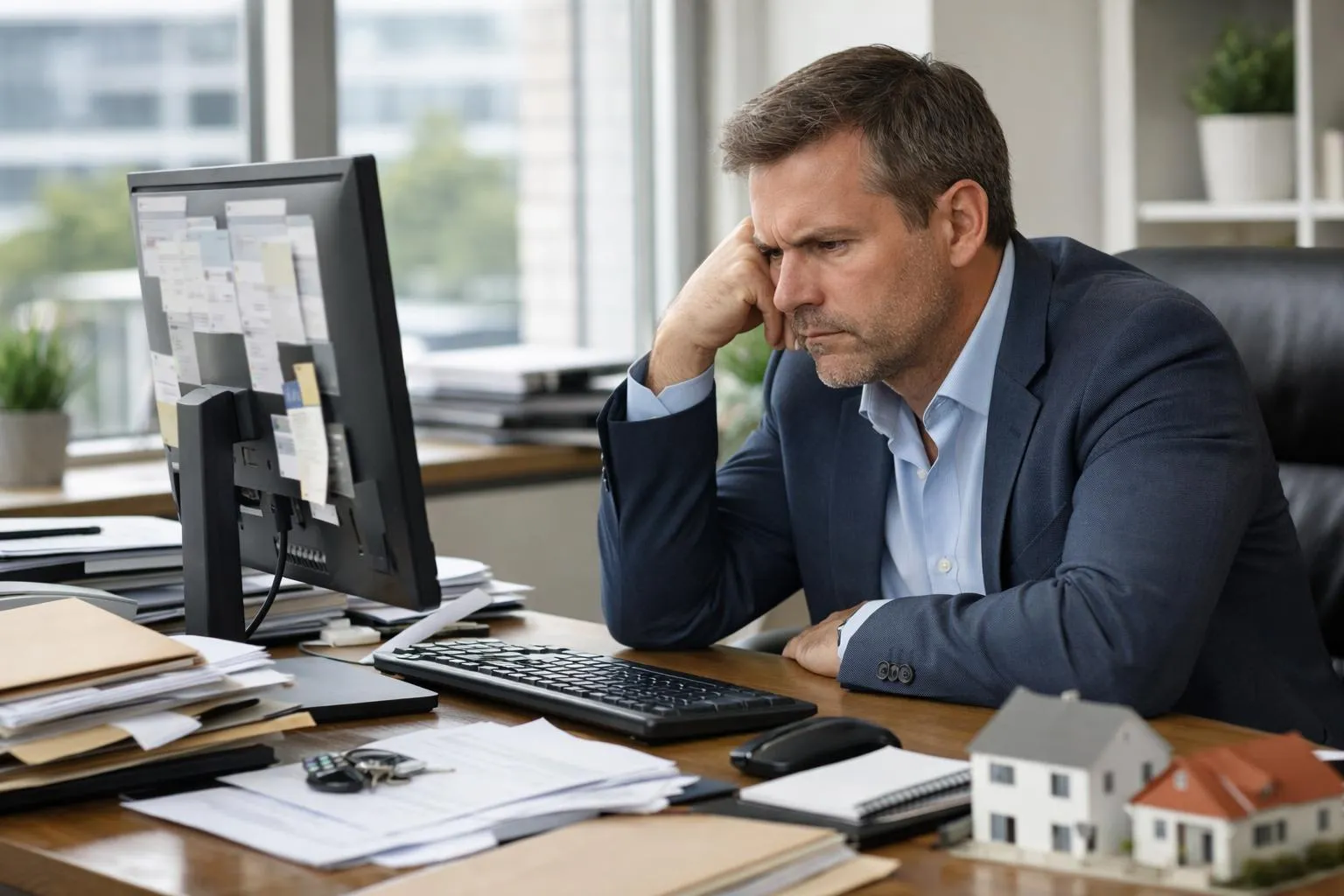 Homme d'affaires stressé travaillant sur son ordinateur au bureau.