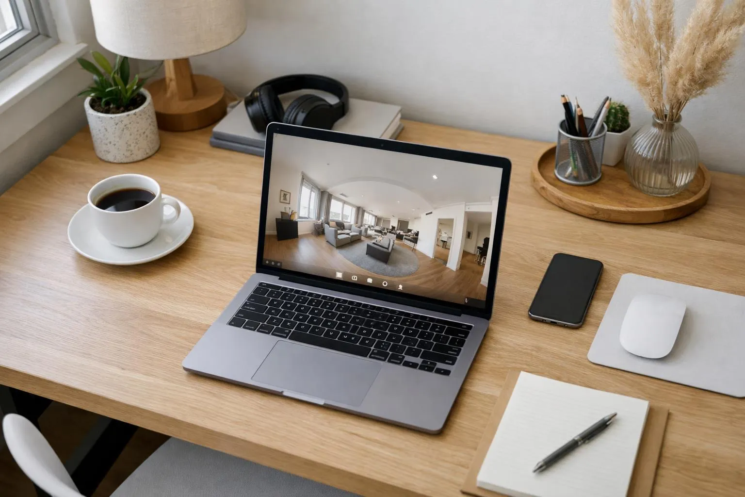 Bureau de travail moderne avec ordinateur portable, tasse de café et accessoires.