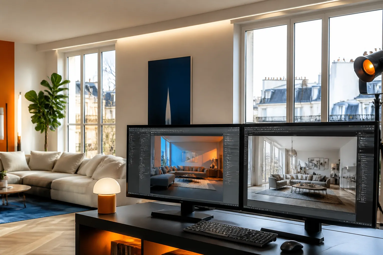 Intérieur moderne avec fenêtres panoramiques, canapé confortable et ordinateurs de conception.