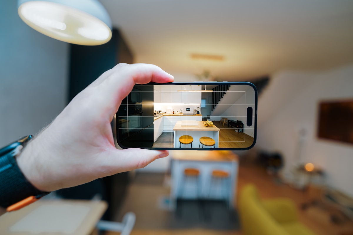 Main tenant un smartphone affichant une cuisine moderne et lumineuse.