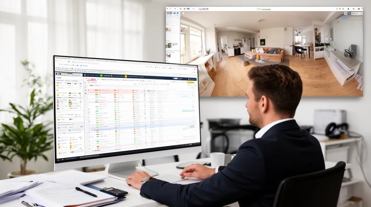 Homme d'affaires analysant des données sur un grand écran d'ordinateur dans un bureau lumineux.