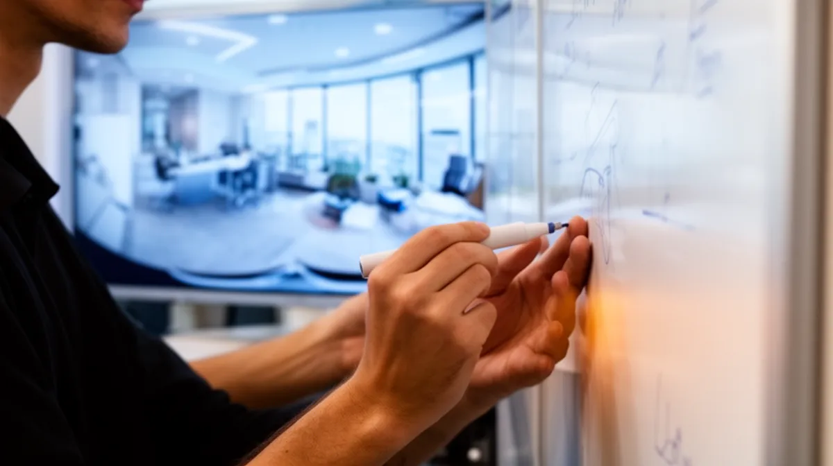 Mains d'un homme dessinant un plan d'aménagement intérieur sur un écran.