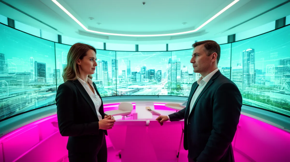 Deux professionnels discutant dans un bureau moderne avec vue panoramique.