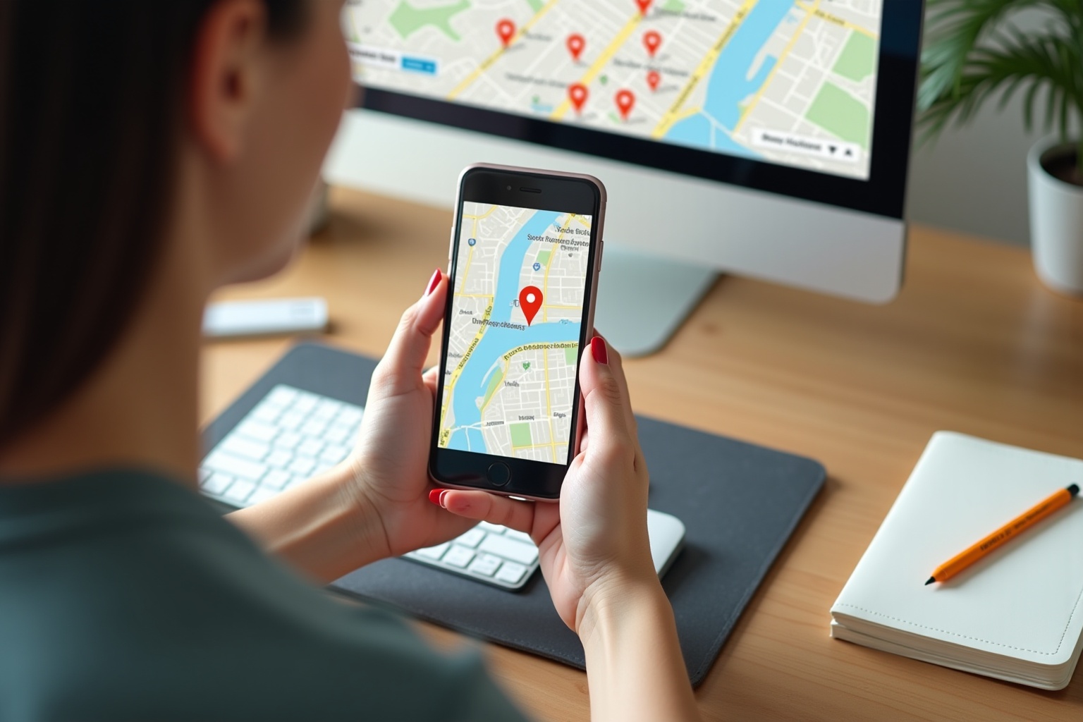 "Une personne optimise le SEO local de son agence immobilière sur Google Maps avec son smartphone"