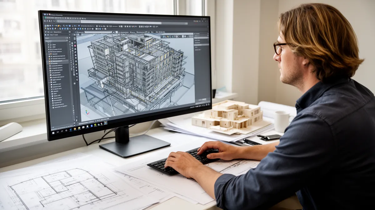 Un architecte consulte un jumeau numérique bâtiment BIM sur un écran 3D dans un bureau d'études