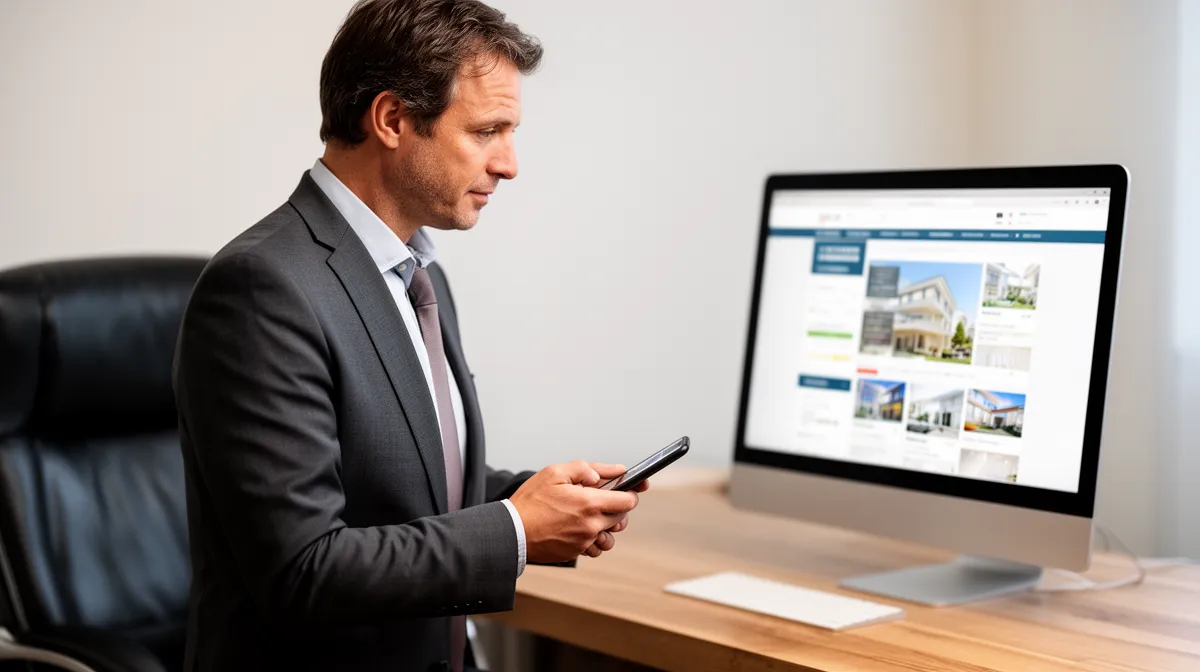 "Un agent immobilier utilise un outil de communication digitale sur son smartphone et son ordinateur pour vendre plus vite en