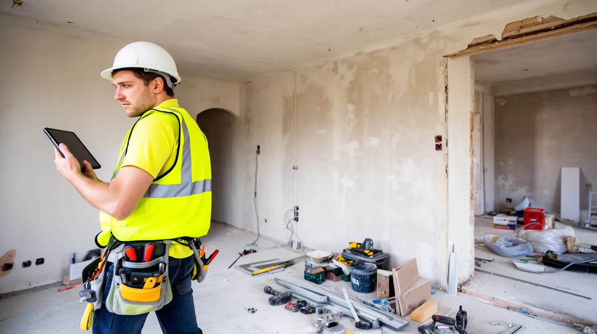 Suivi de chantier rénovation 3D, homme utilisant une tablette sur un chantier