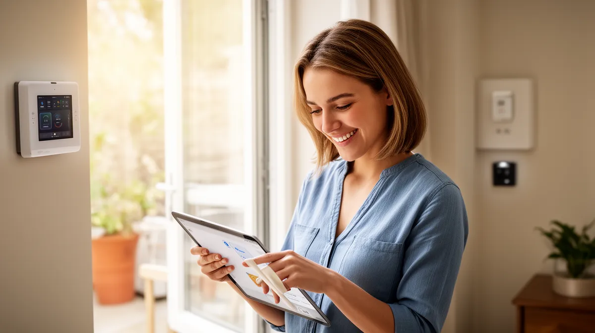 Femme utilisant une tablette pour contrôler une maison connectée, amélioration de l'expérience client dans l'habitat connecté