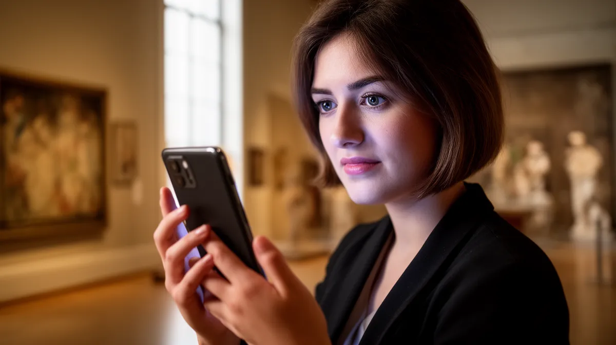 Femme utilisant smartphone pour visite 360 dans musée, exploration interactive avec écran tactile
