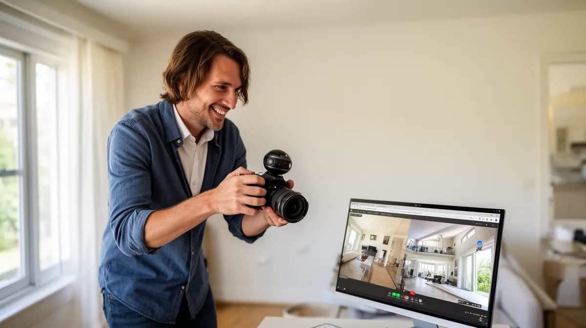 Acheteur immobilier utilisant une visite 360 pour explorer une propriété