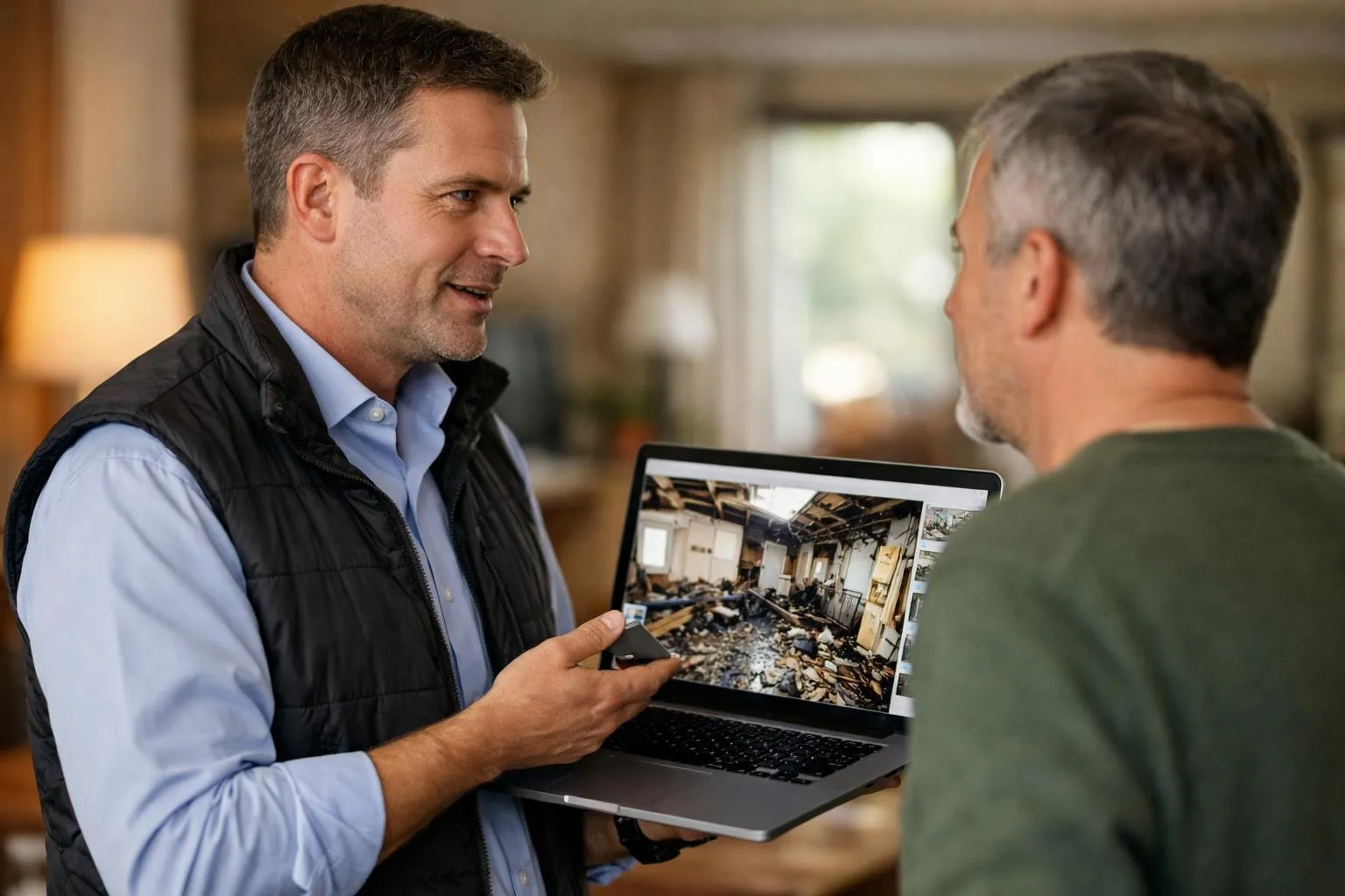 Inspecteur assurance effectue visite virtuelle sinistre avec client