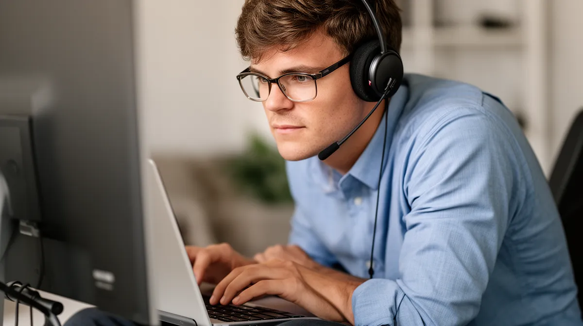 Gestion des sinistres à distance par expert en 2026 - homme portant un casque et travaillant sur un ordinateur portable.
