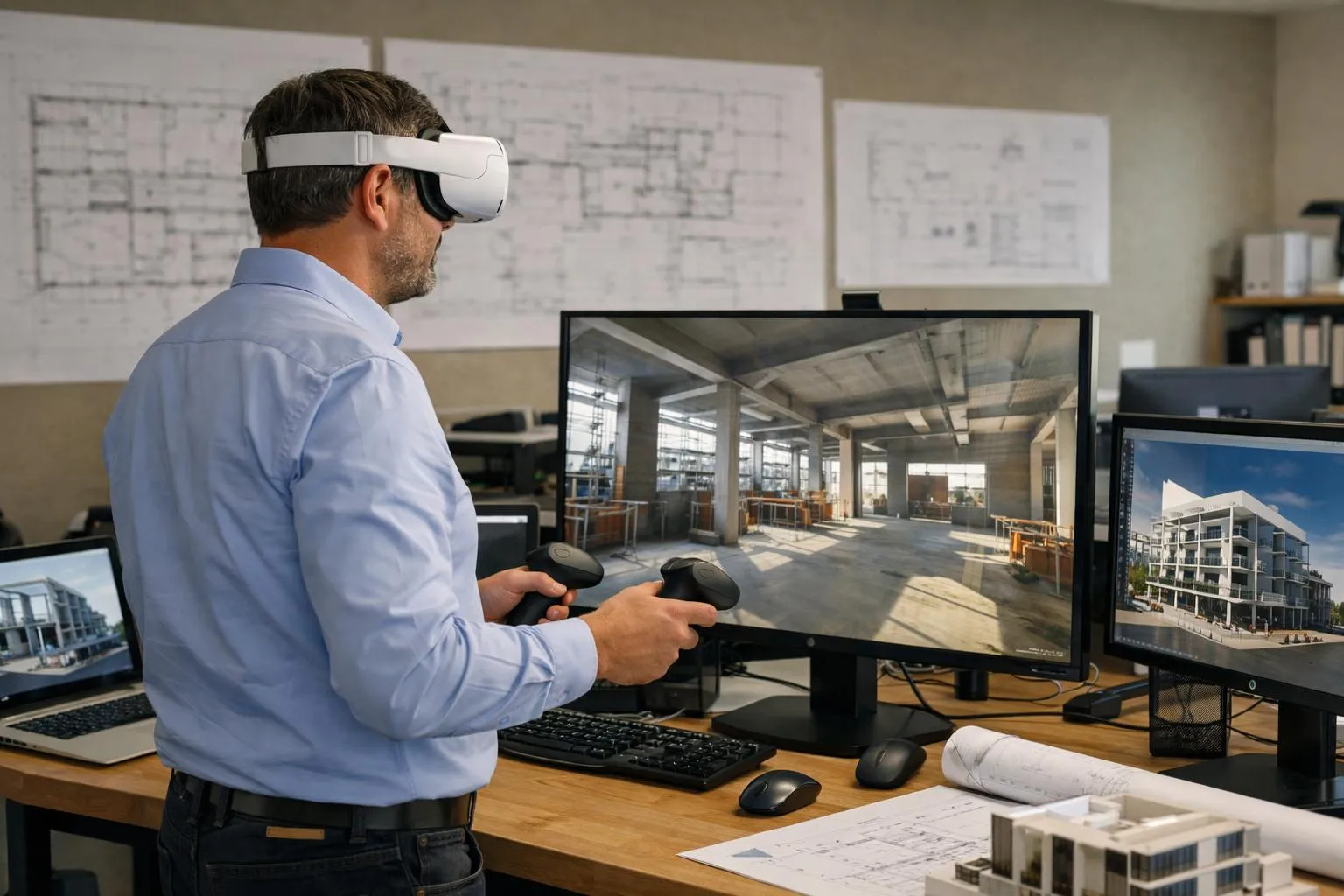 "Comparatif logiciel création visite virtuelle : un architecte utilise un casque VR pour visualiser un projet de bâtiment"