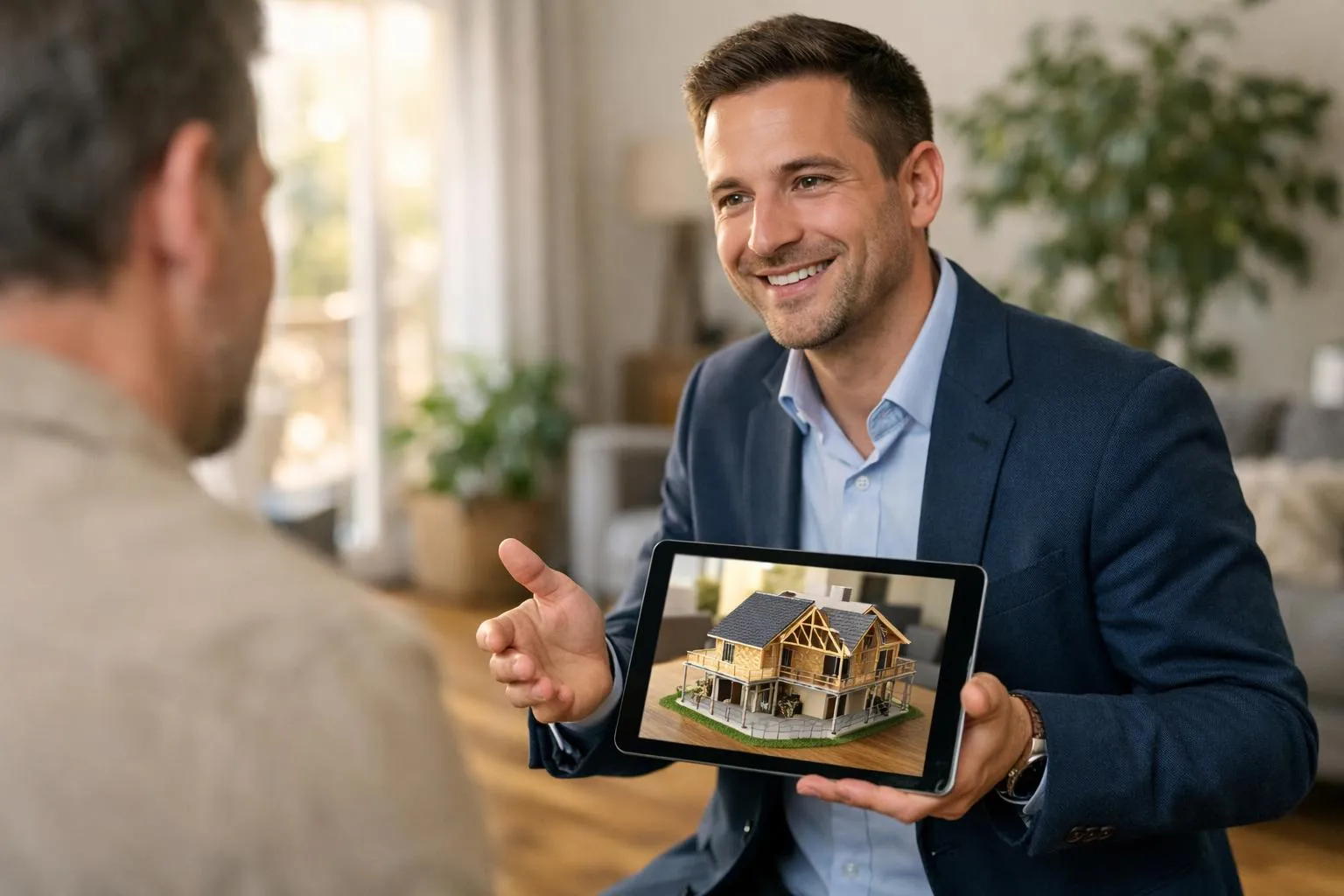 Un agent immobilier présente un projet immobilier en réalité augmentée à un client dans un salon moderne.