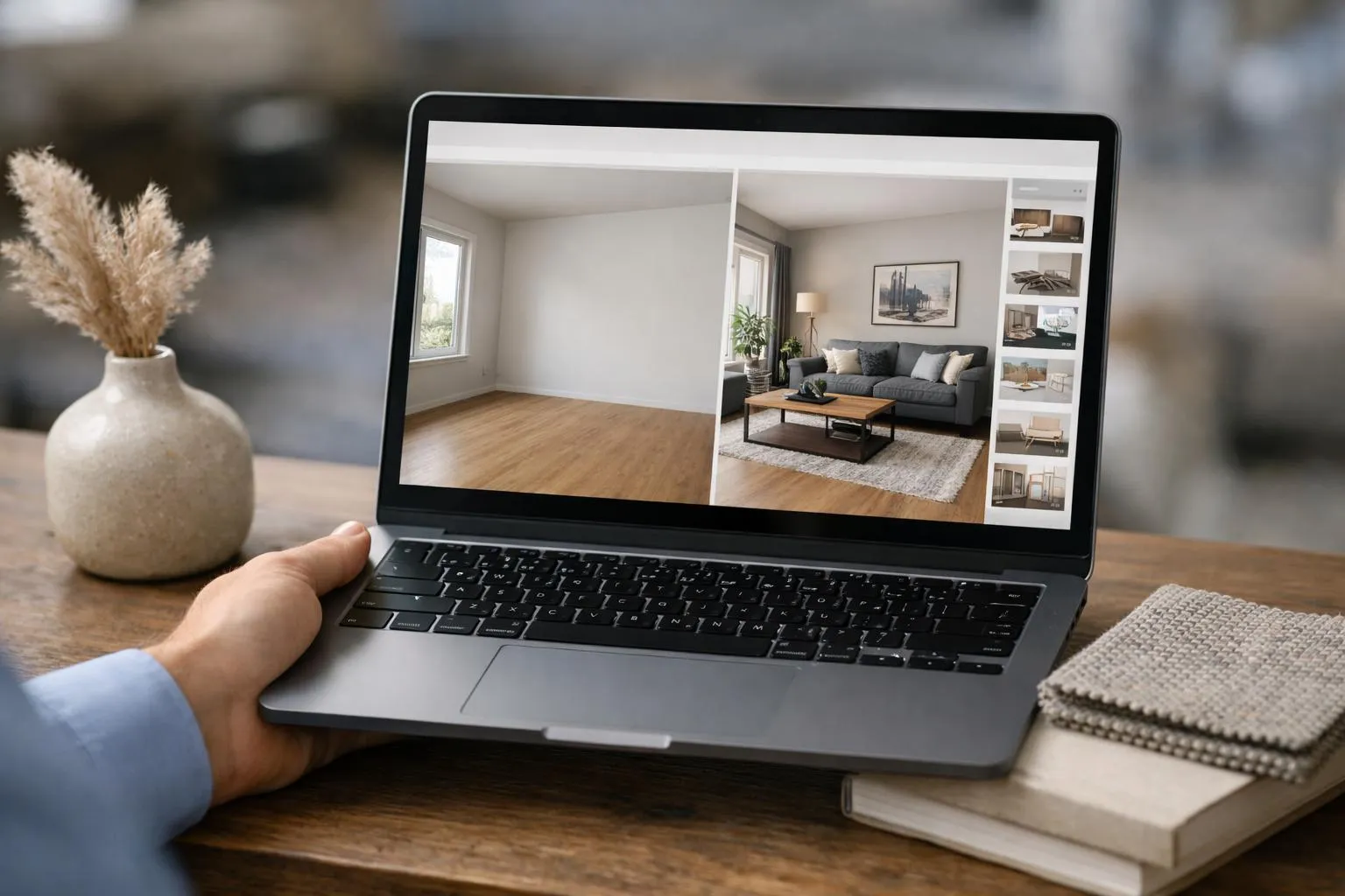 Technique de home staging virtuel efficace - Main avec ordinateur portable montrant un logiciel de décoration intérieure.