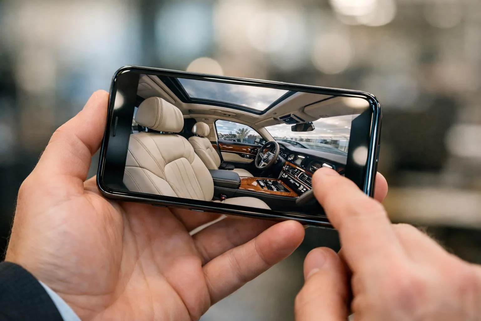 Visite virtuelle 360 pour showroom sur smartphone, expérience immersive de voiture de luxe.