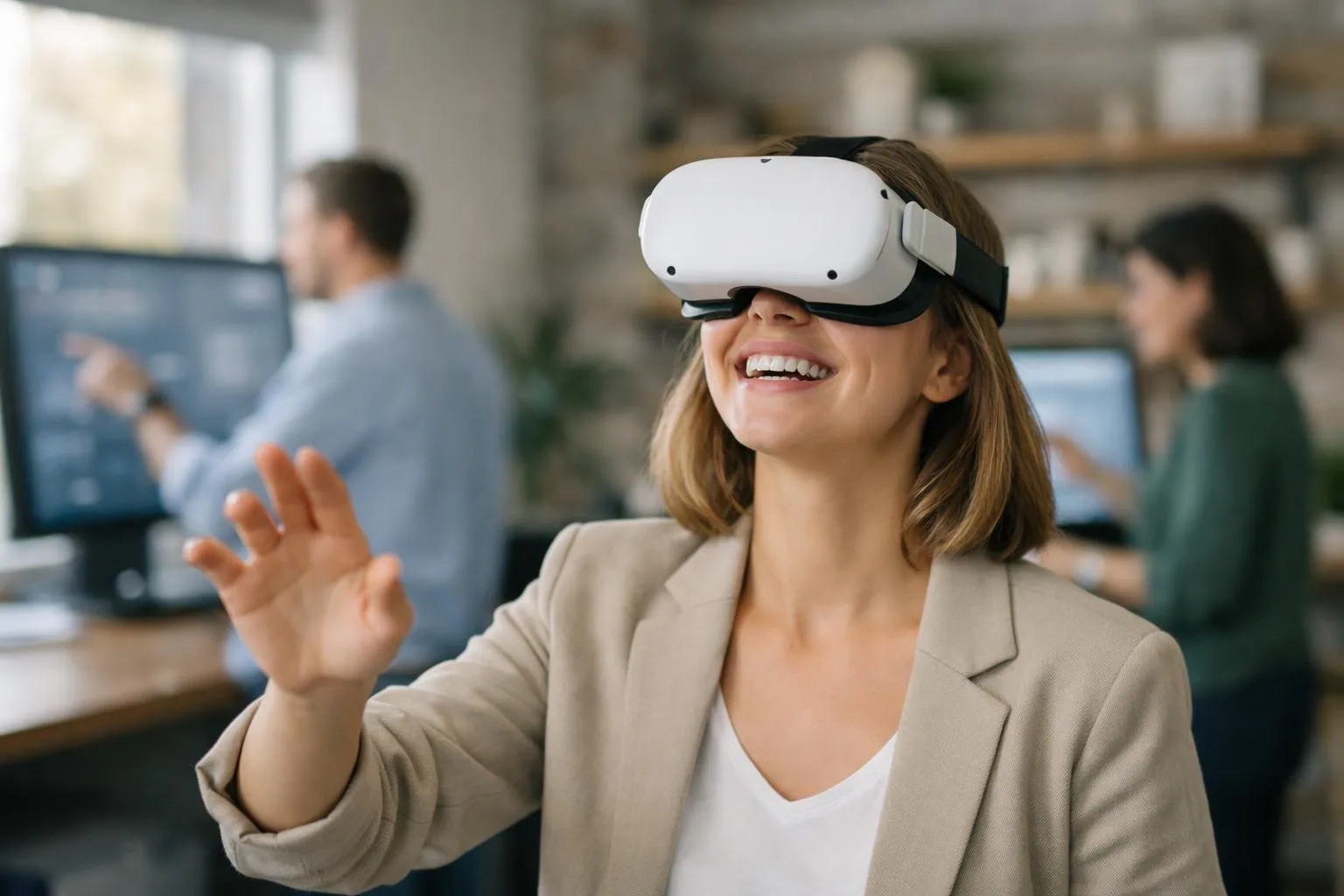Femme utilisant une solution visite 360 interactive avec casque VR dans un environnement de travail moderne
