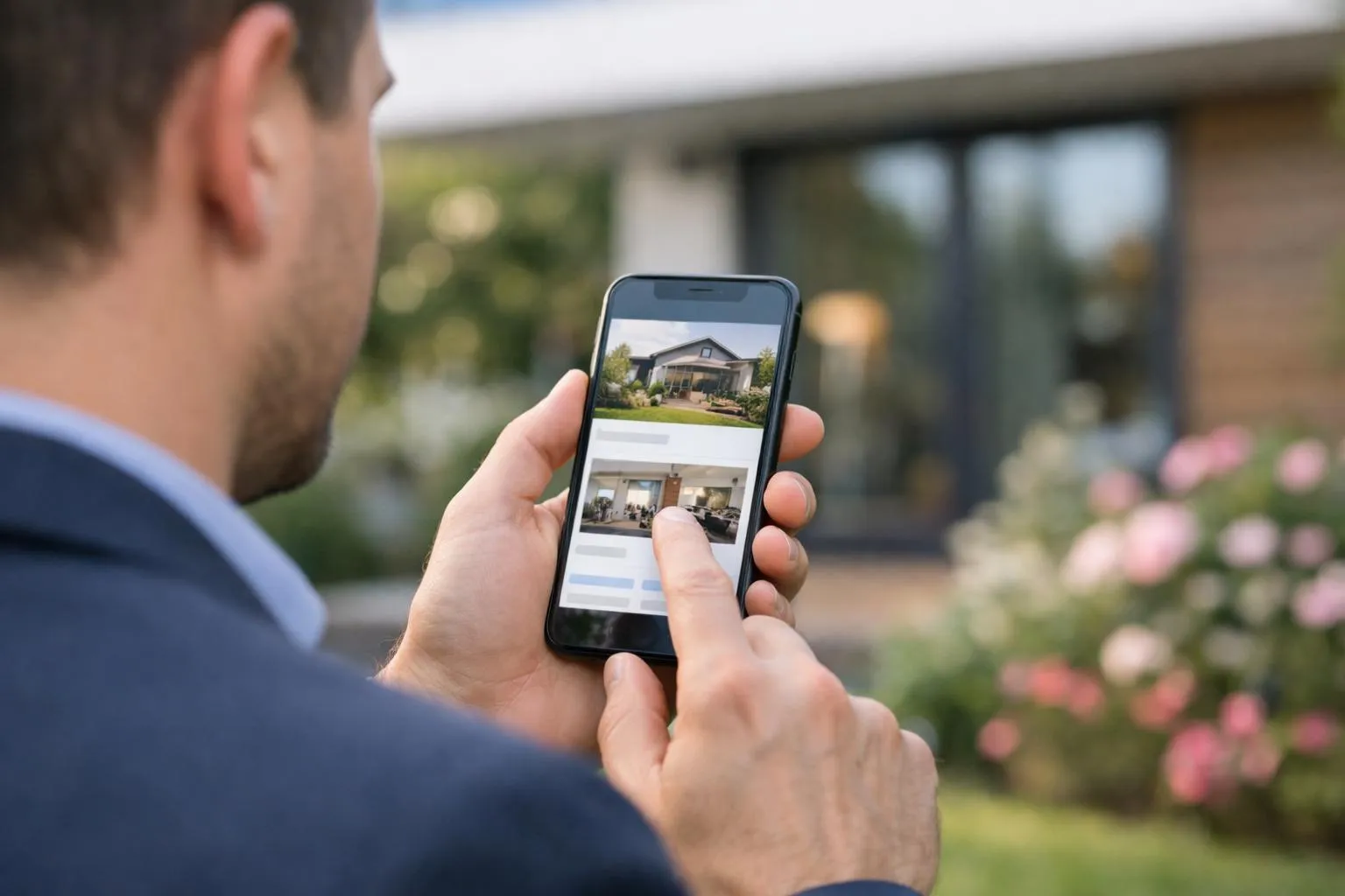 Femme optimise annonce immobilière sur smartphone devant maison moderne