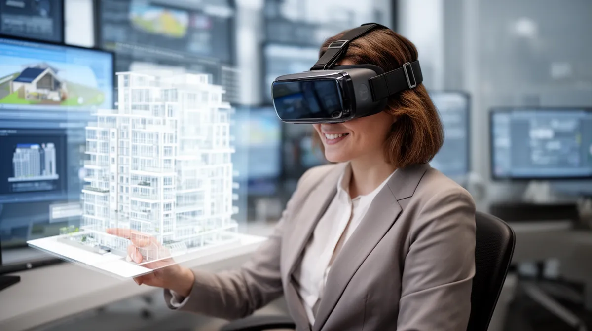 Expert immobilier utilisant un casque de réalité virtuelle pour évaluer un bien immobilier virtuel, valorisation de biens imm