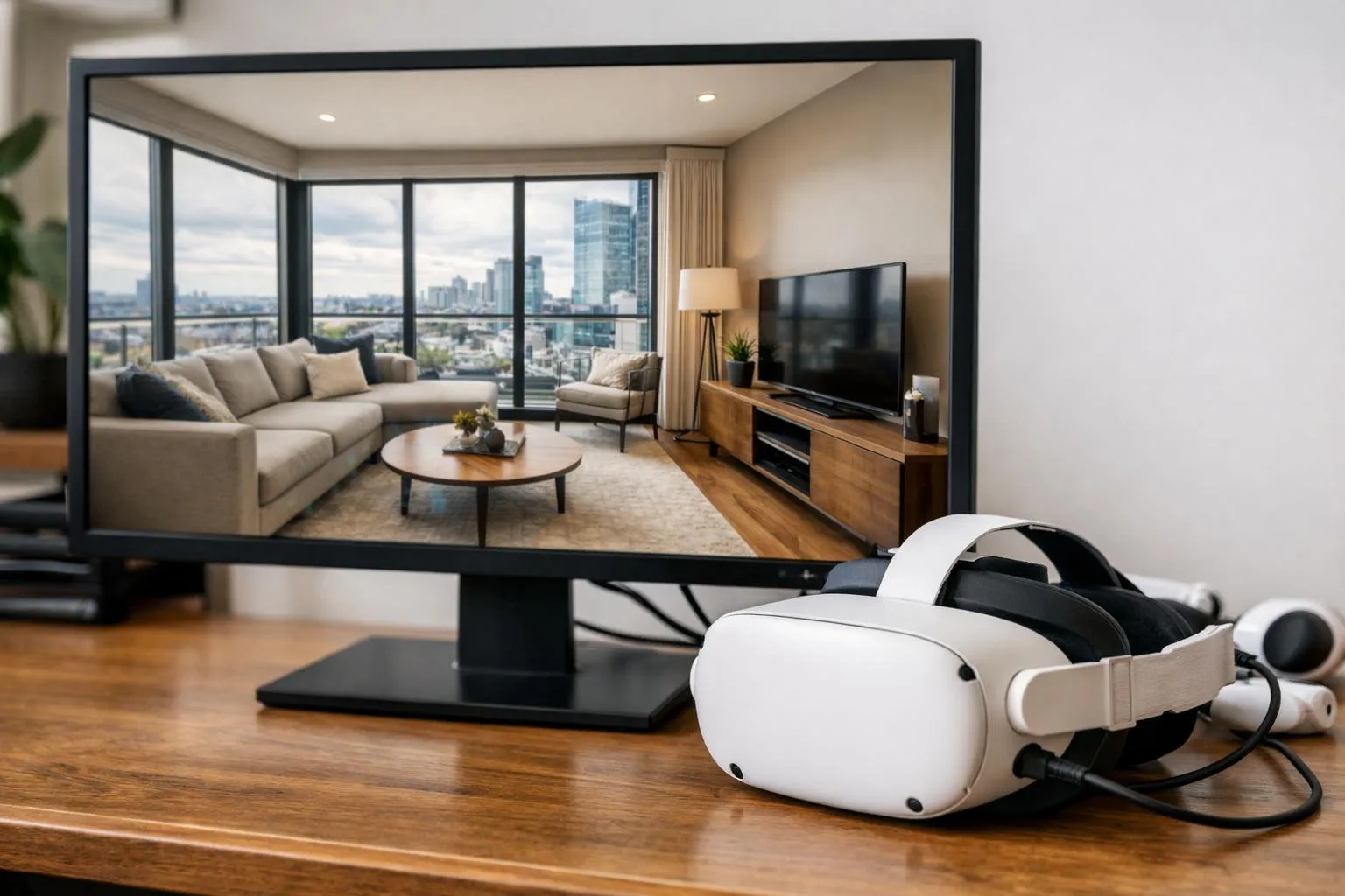 Visite virtuelle appartement prix - écran d'ordinateur avec casque VR et vue de salon