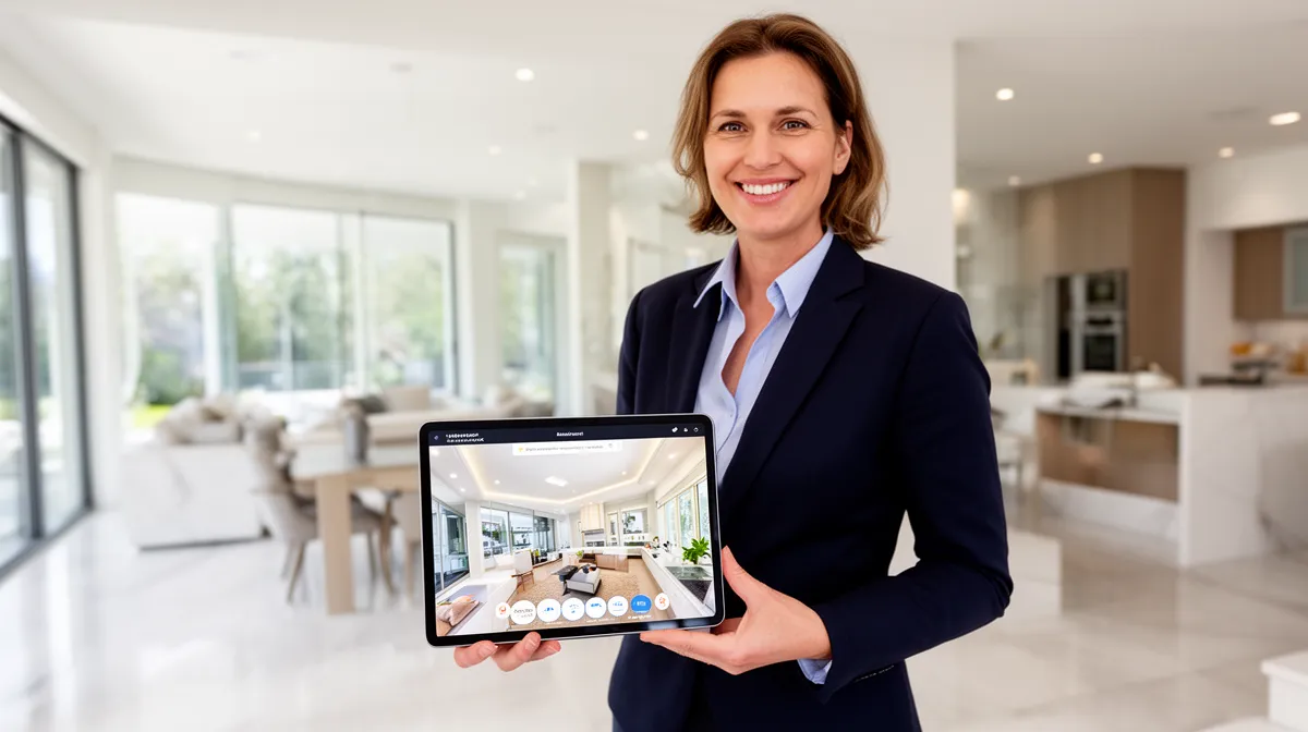 Agent immobilier utilisant Matterport pour visiter une propriété moderne