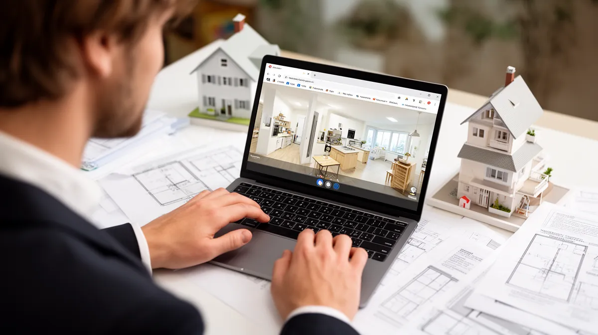 "Stratégie vente immobilière à distance : agent immobilier utilisant un ordinateur portable pour visite virtuelle de propriét
