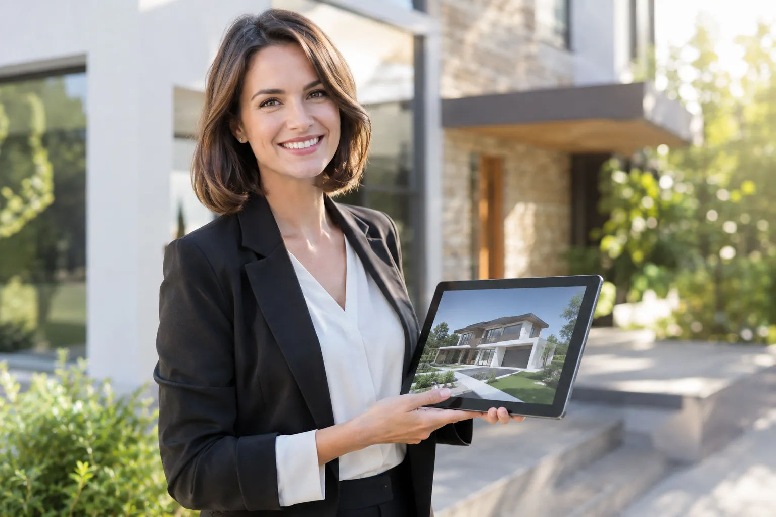 Agent immobilière utilisant une tablette pour afficher une visite virtuelle d’une maison moderne.