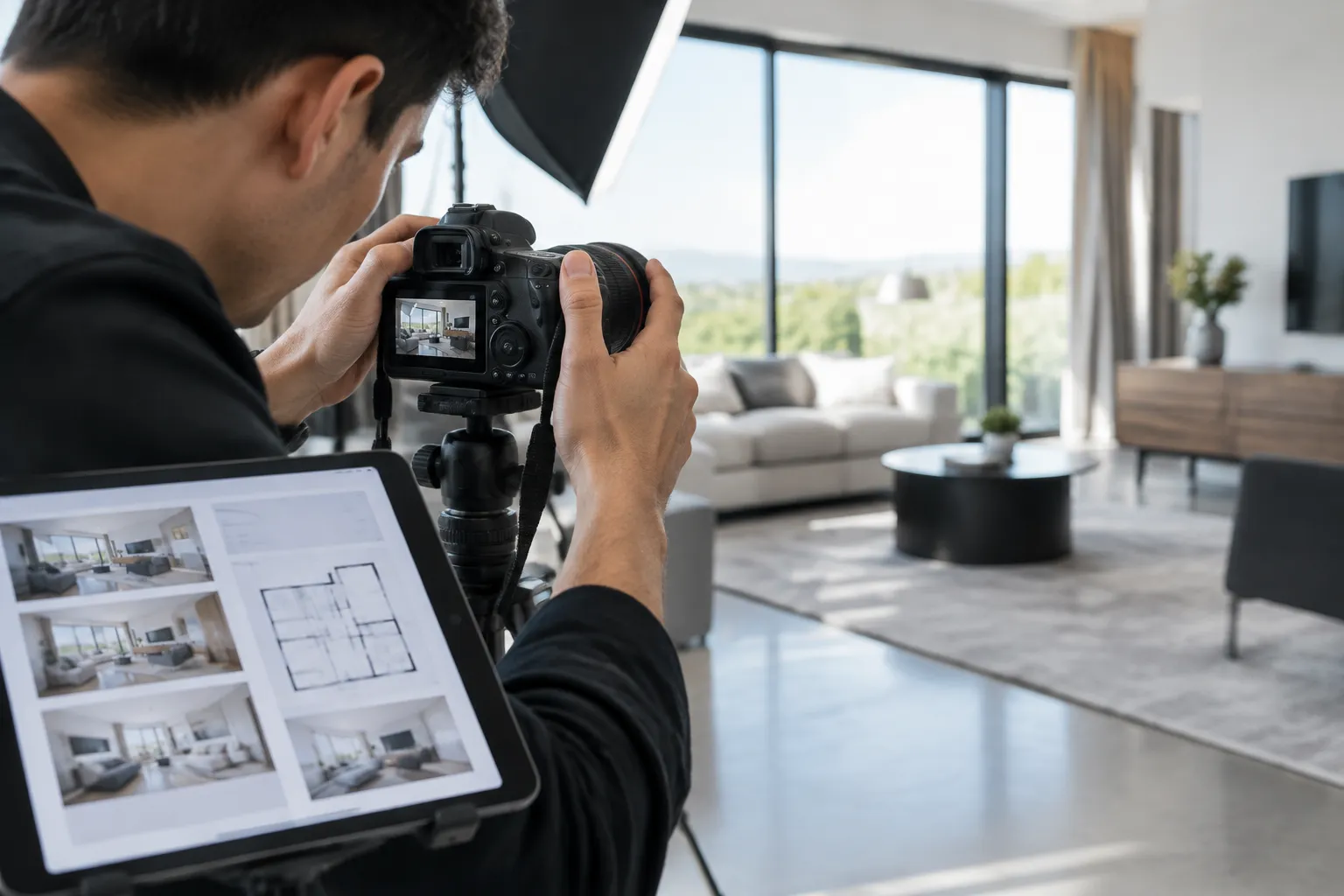 Photographe professionnel ajustant l’appareil photo devant une maison moderne, montrant le processus de guide de photographie