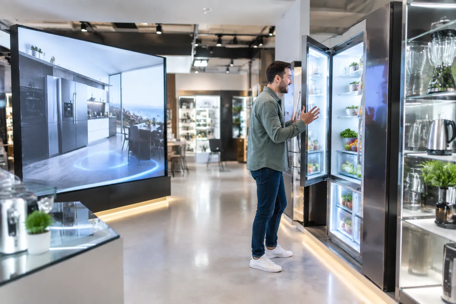 Visite virtuelle magasin : client devant écran 3D dans magasin moderne, ambiance réaliste.