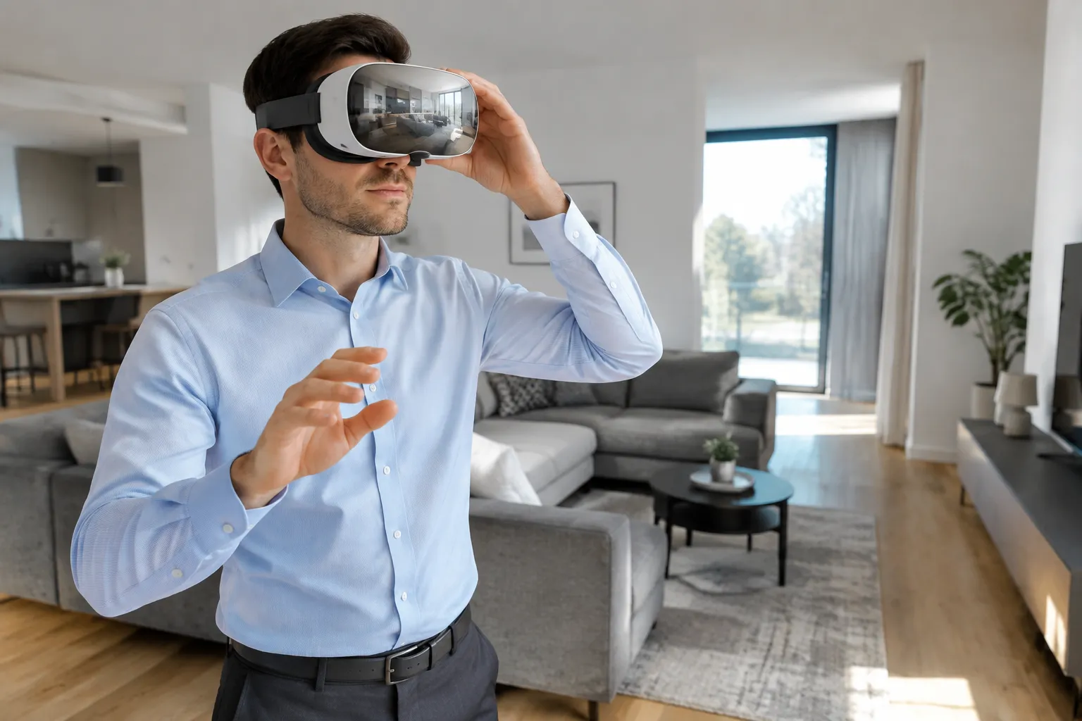 Promoteur immobilier portant un casque VR devant une salle de séjour moderne.